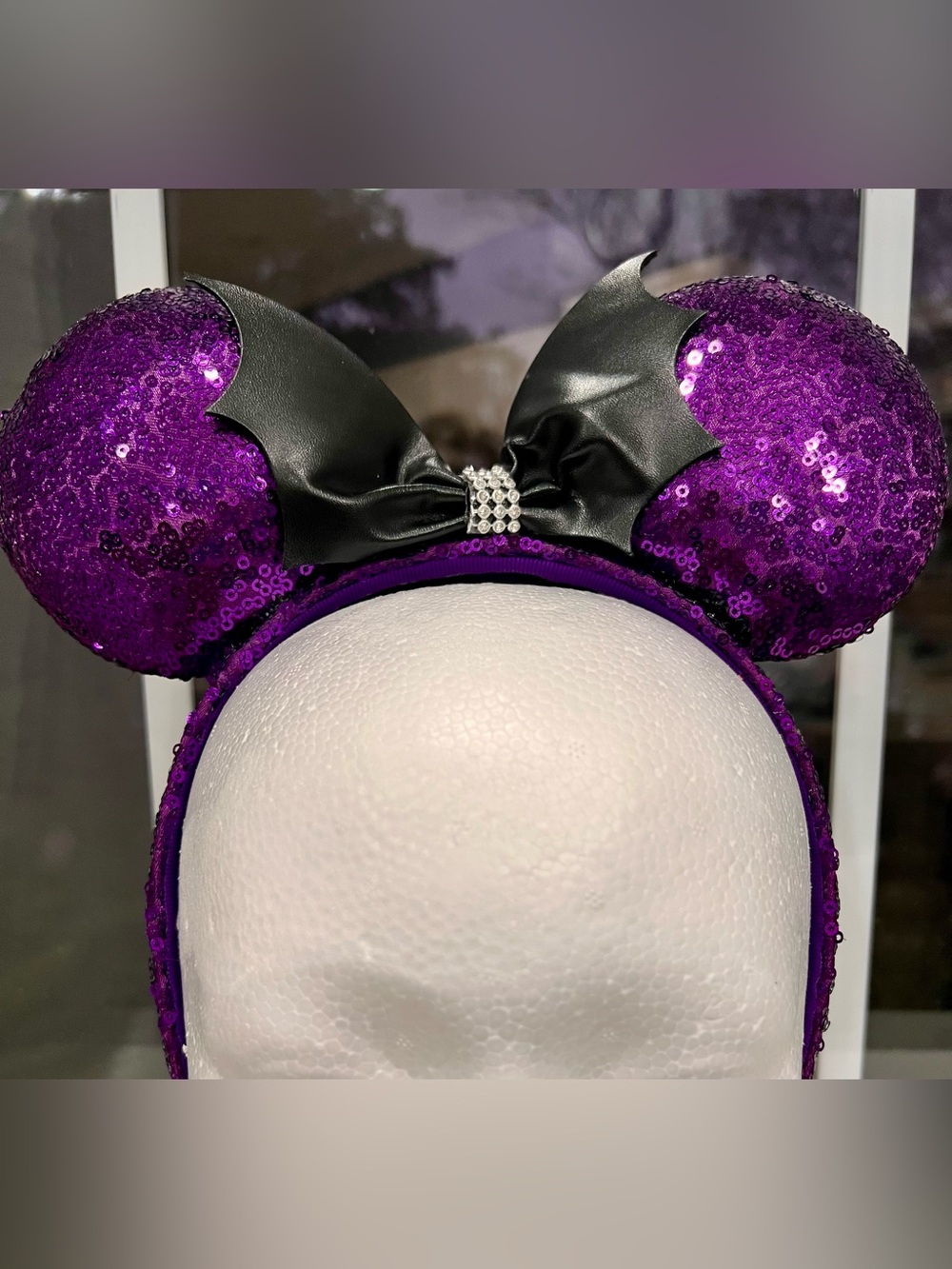 Disney Purple Sequin Minnie Ears Headband with Black Bat Wings Bow is NWT